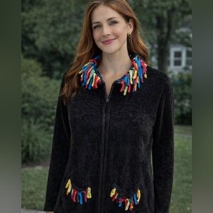 Lisa International Black Chenille Jacket L Rainbow Loop Trim Artsy Boho Y2K